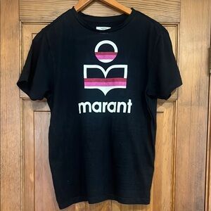 Isabel Marant Black Linen T-Shirt with Pink and White Logo